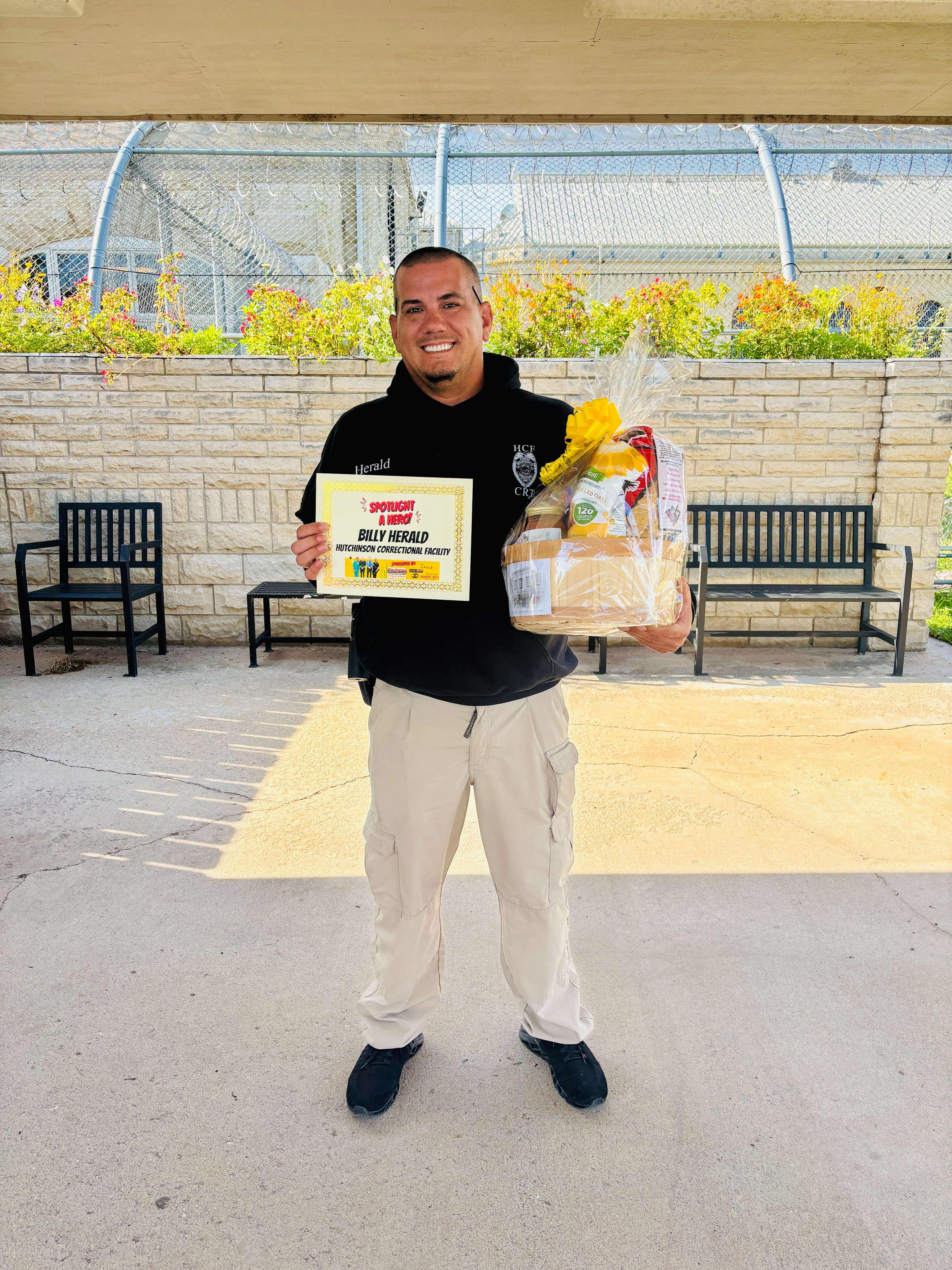 Correctional officer Billy Herald, is honored as the Allen Samuels Chrysler Dodge Jeep Ram First Responder of the Month at the Hutchinson Correctional Facility.