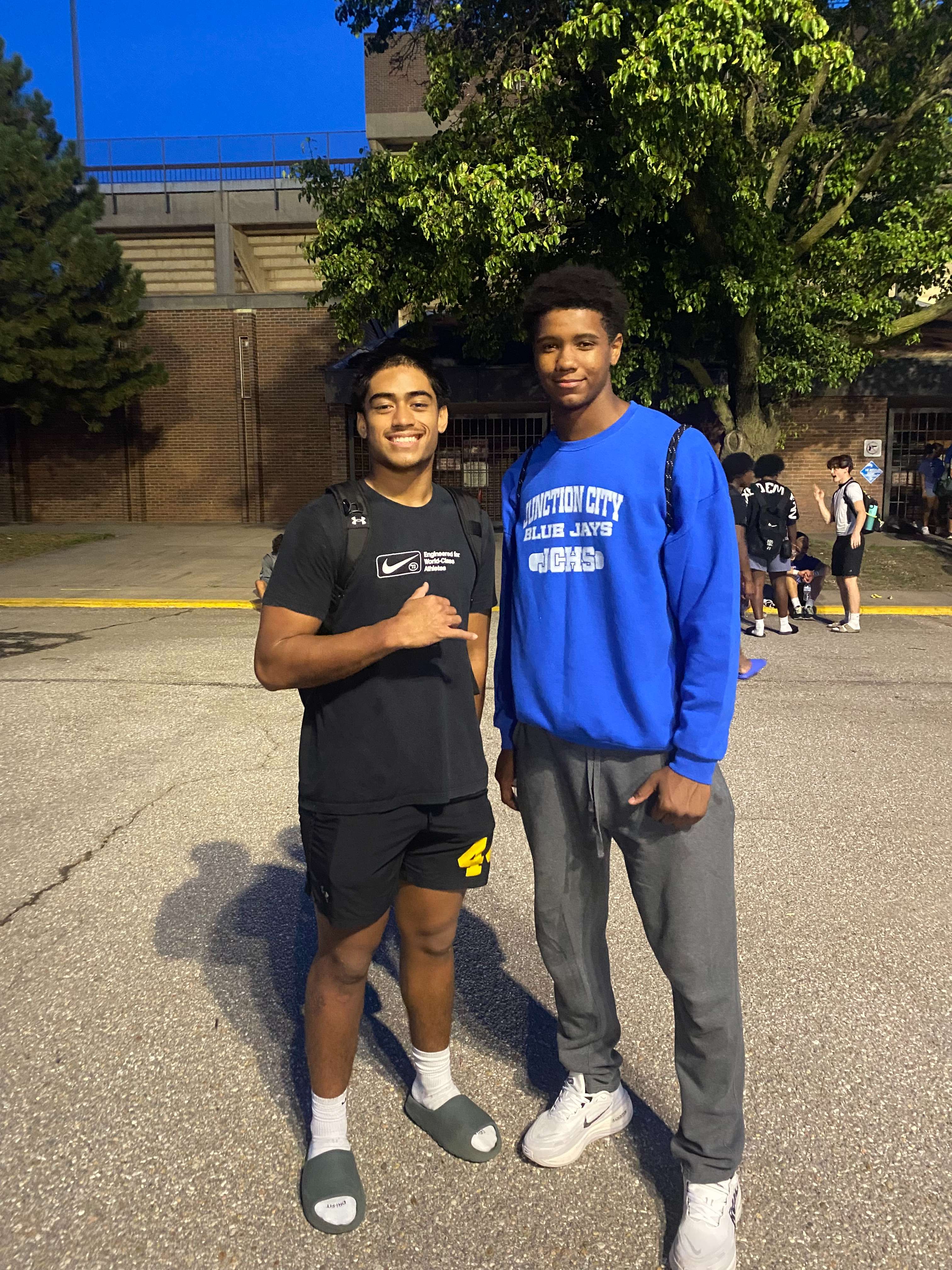 Pictured left to right - Josiah Totive and Jackson Hollie after the jamboree at Carpenter Stadium in Wichita. 