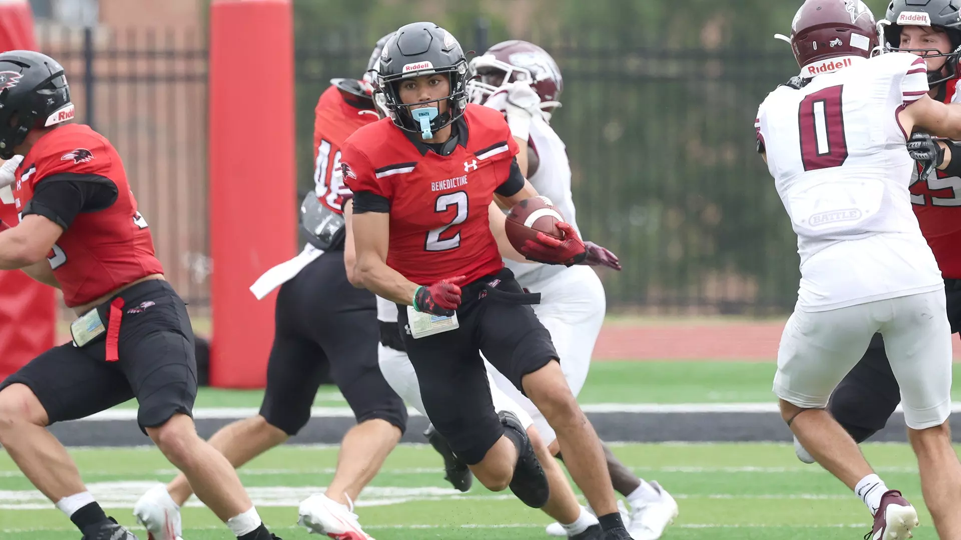 Benedictine's Joseph Lagafuaina (2) catches a pass during the Ravens 38-34 win over Morningside in Saturday's season opener in Atchison/ Photo Courtesy of Anna Zacharias
