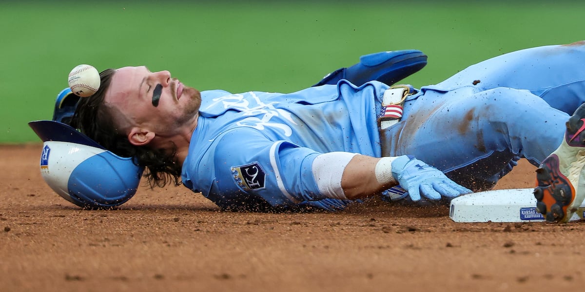 Kansas City Royals shortstop Bobby Witt Jr. steals second base during the first inning of a baseball game against the Detroit Tigers, Saturday, Aug. 30, 2025, in Kansas City, Mo. (AP Photo/David Smith)
