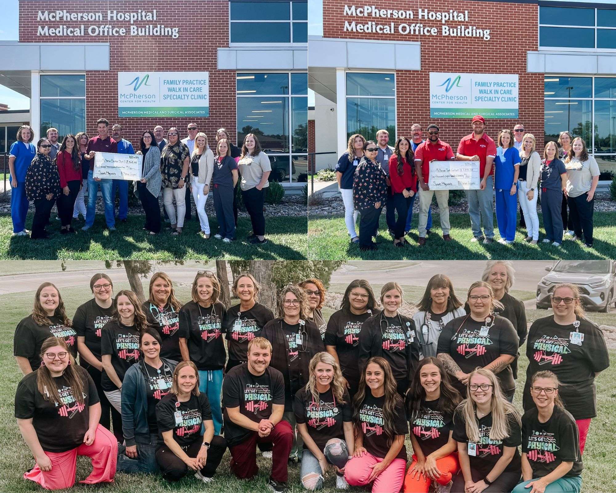 <b>From left to right:</b> Clinic Staff, Hospital Leadership with McPherson High School Booster Club. Clinic Staff, Hospital Leadership with McPherson Youth Football Club. Clinic staff on sports physicals night with matching t-shirts. Courtesy of McPherson Center for Health.