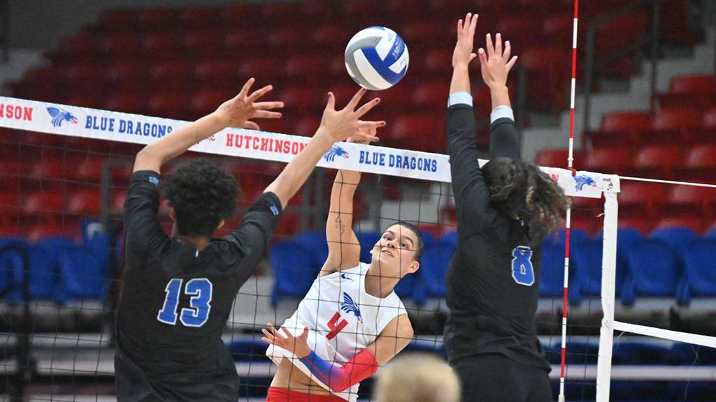 Alondra Villanueva swings for one of her match-high 16 kills in the Blue Dragon volleyball team's 3-0 loss to No. 5 Barton on Wednesday at the Sports Arena. (Andrew Carpenter/Digital Fox Photography)