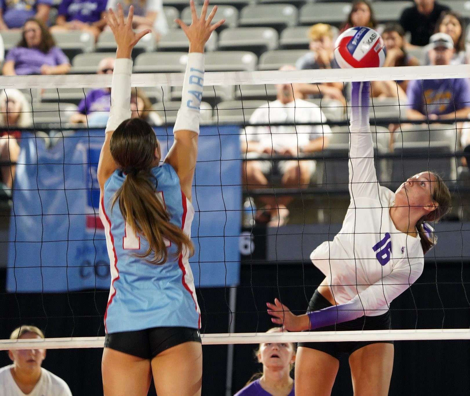 Bishop LeBlond's Ella Frazee (16) goes up for a spike during the St. Joseph Sports Commission's Pony Express State Tournament Preview/ Photo courtesy of Clifton Grooms