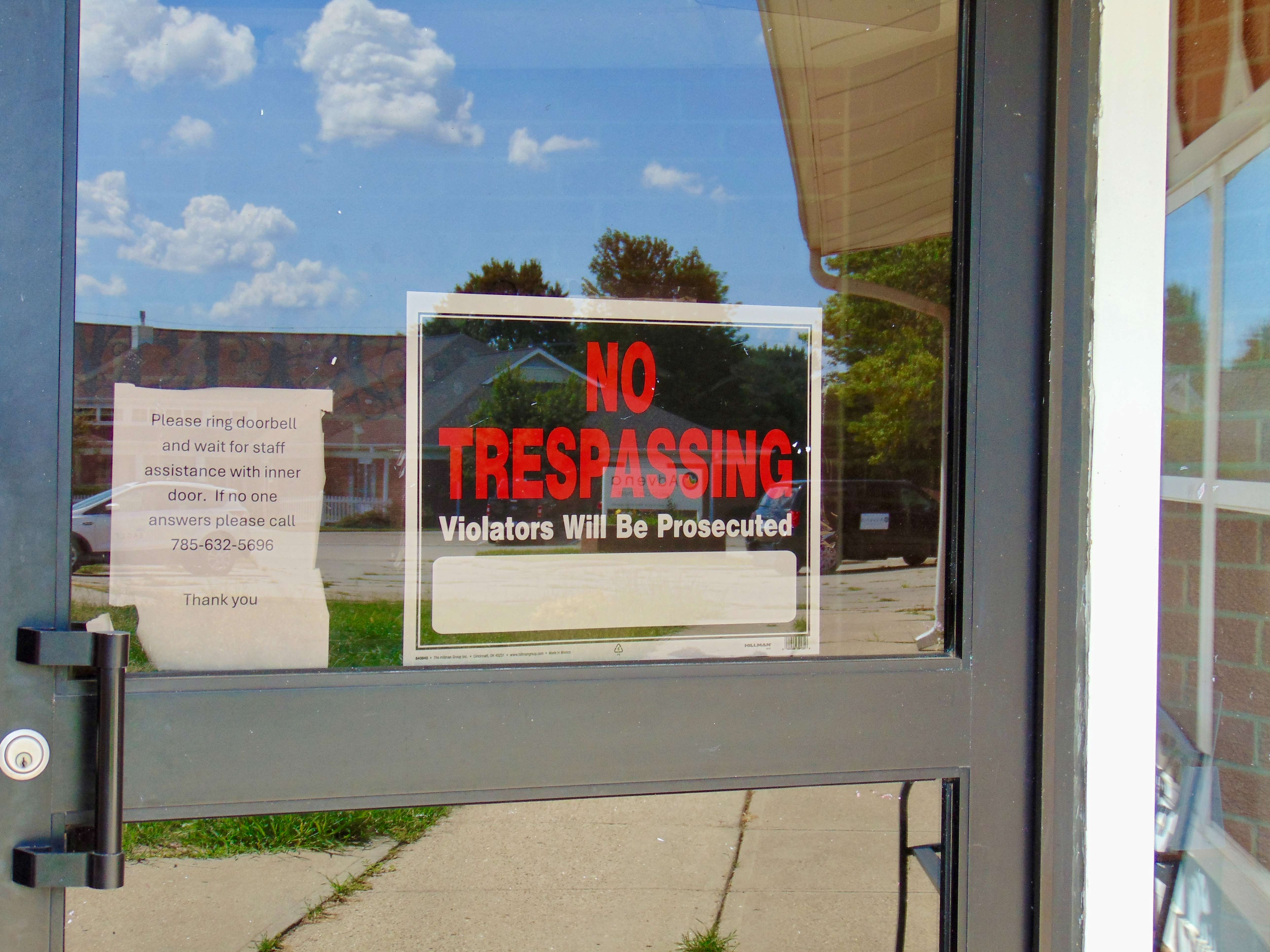'No Trespassing' on the front door of Advena Living of Clay Center. Photo by Nicolas Fierro