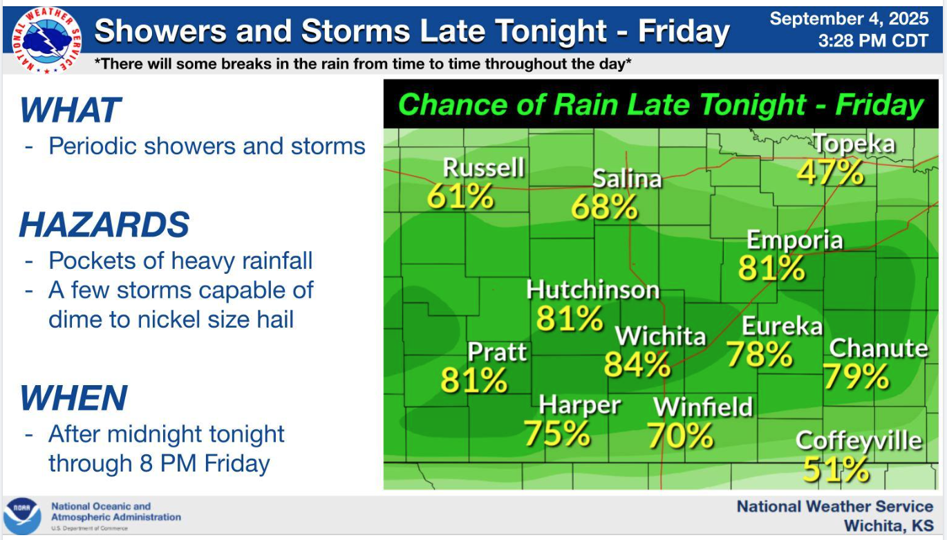 Possibilities of scattered to numerous showers and thunderstorms are expected to occur throughout Central Kansas this evening. Courtesy US National Weather Service (Wichita, KS)