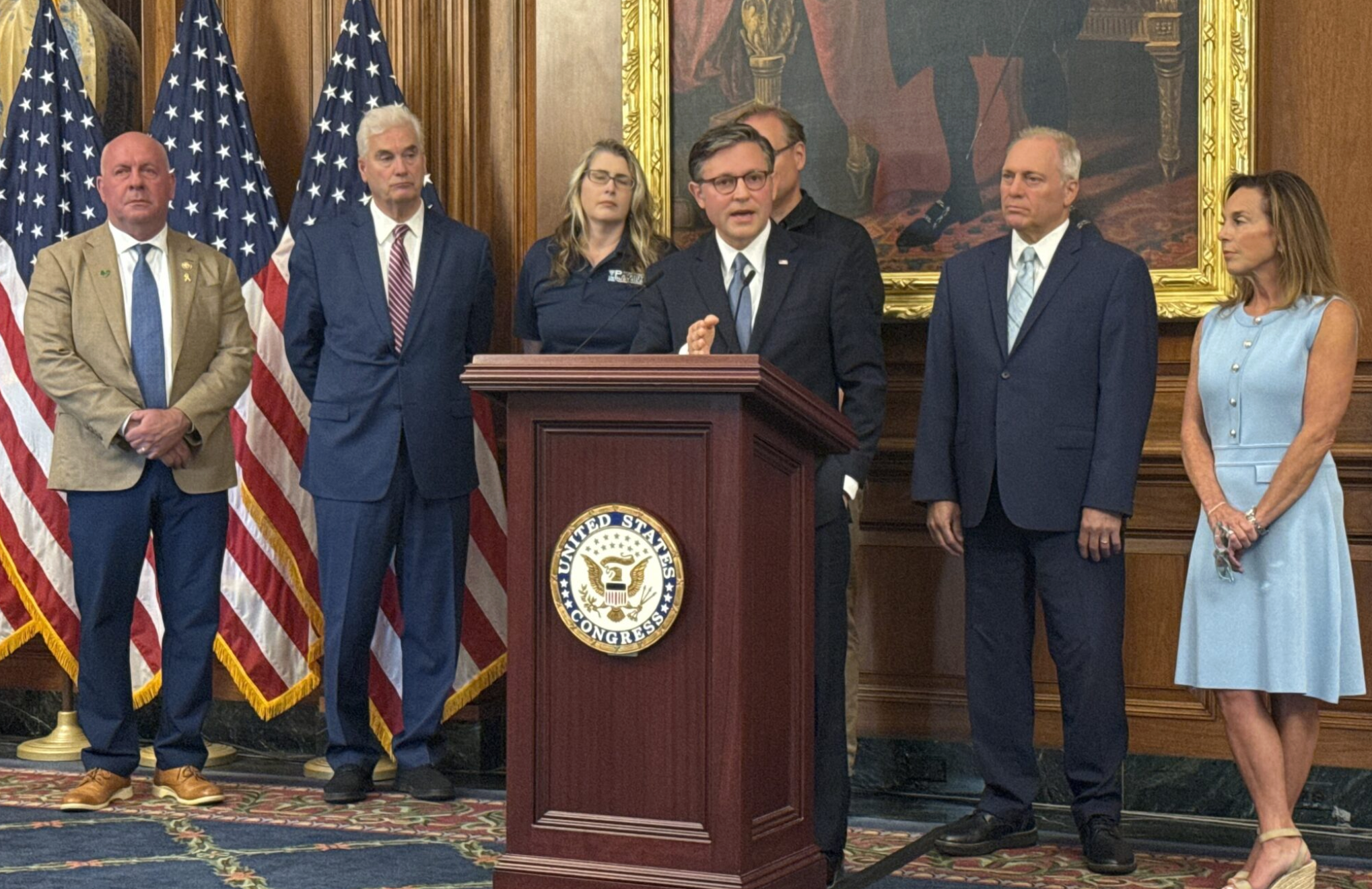 U.S. House Speaker Mike Johnson, R-La., takes questions from reporters during a press conference in the Rayburn Room of the Capitol building in Washington, D.C., on Wednesday, Sept. 3, 2025. Also pictured, from left to right, are Ohio Republican Rep. Dave Taylor; Majority Whip Tom Emmer R-Minn.; co-founders of Patriot Industries Sarah and Tom Click; Majority Leader Steve Scalise, R-La.; and Republican Conference Chairwoman Lisa McClain, R-Mich. (Photo by Jennifer Shutt/States Newsroom)