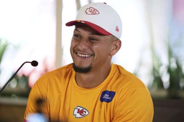 Kansas City Chiefs quarterback Patrick Mahomes speaks during a press conference ahead of a NFL football game against Los Angeles Chargers in Sao Paulo, Brazil, Thursday, Sept. 4, 2025. (AP Photo/Fernando Llano)