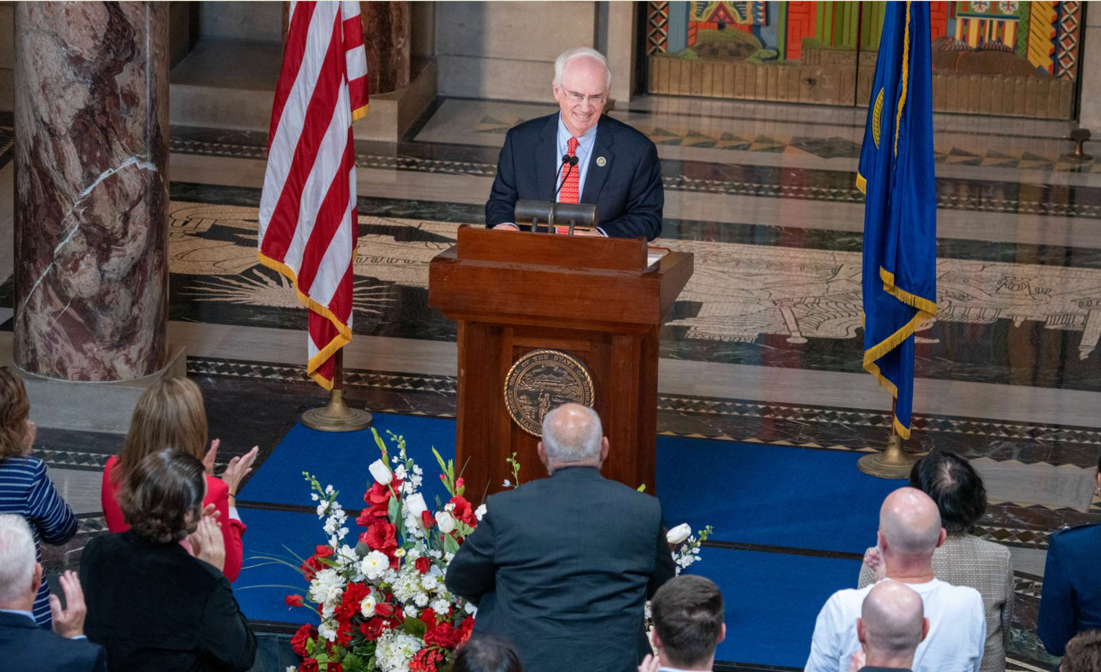 Dr. Jeffrey Gold, president of the University of Nebraska system, gives his first “State of the University” address in the Nebraska State Capitol. Sept. 4, 2025. (Photo by Zach Wendling/Nebraska Examiner)