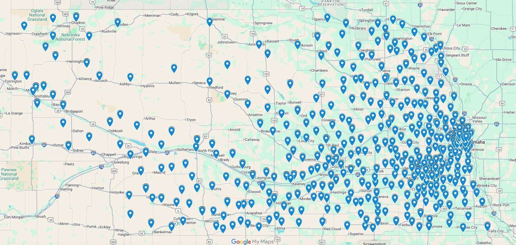 Pins show where signatures on the Nebraska Appleseed petition are from. Heavily concentrated on the east side of the state and spread through the rest of the state.&nbsp;