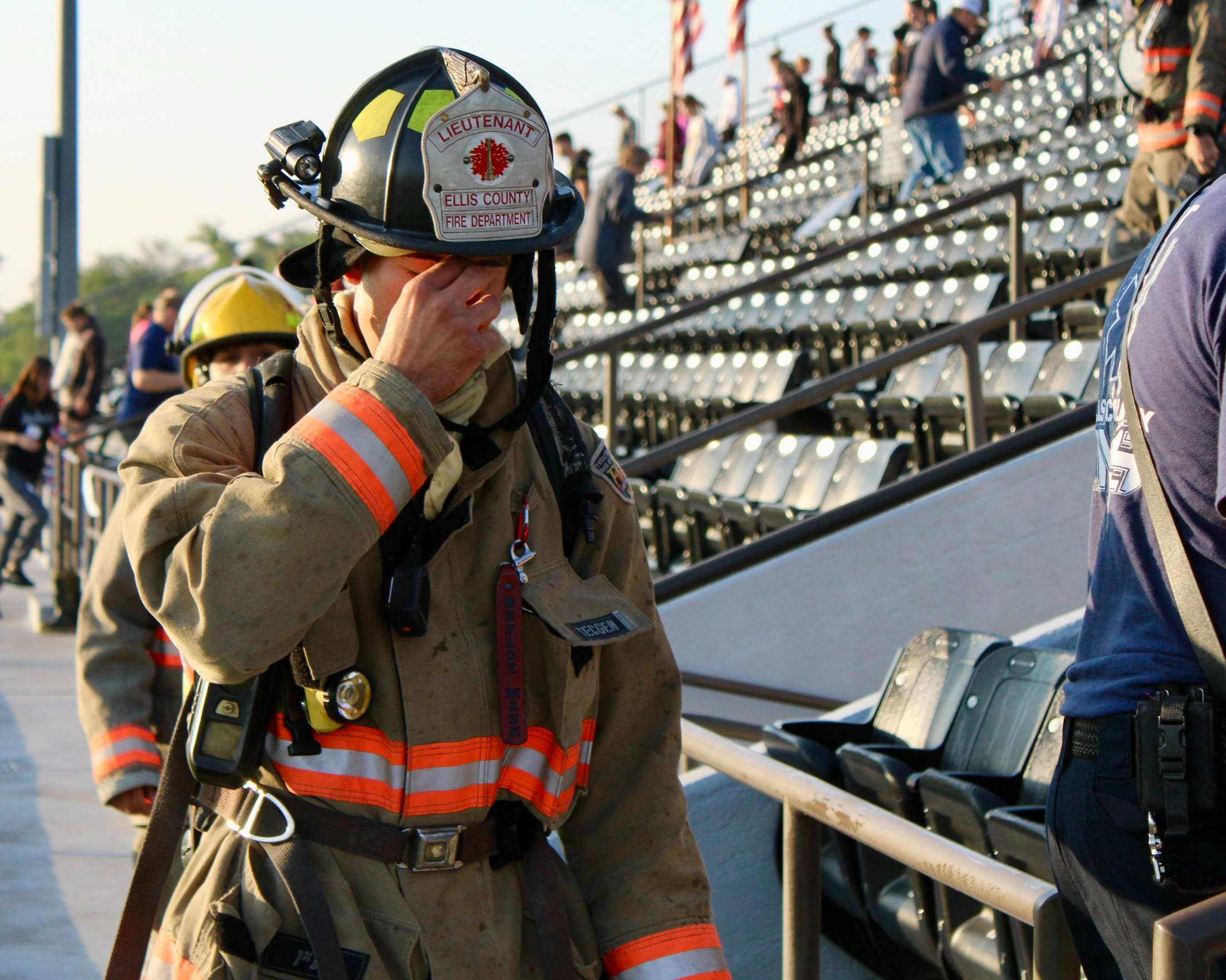 A tired firefighter&nbsp;at the 9/11 Memorial Stair Climb. Photo by Tony Guerrero/Hays Post