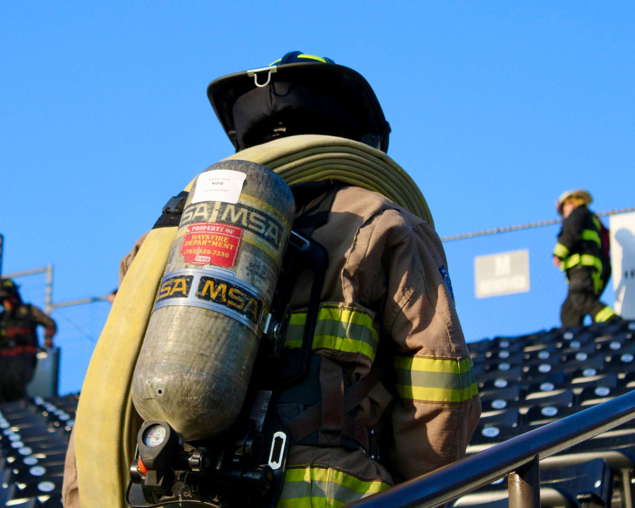 A firefighter and his gear at the 9/11 Memorial Stair Climb. Photo by Tony Guerrero/Hays Post