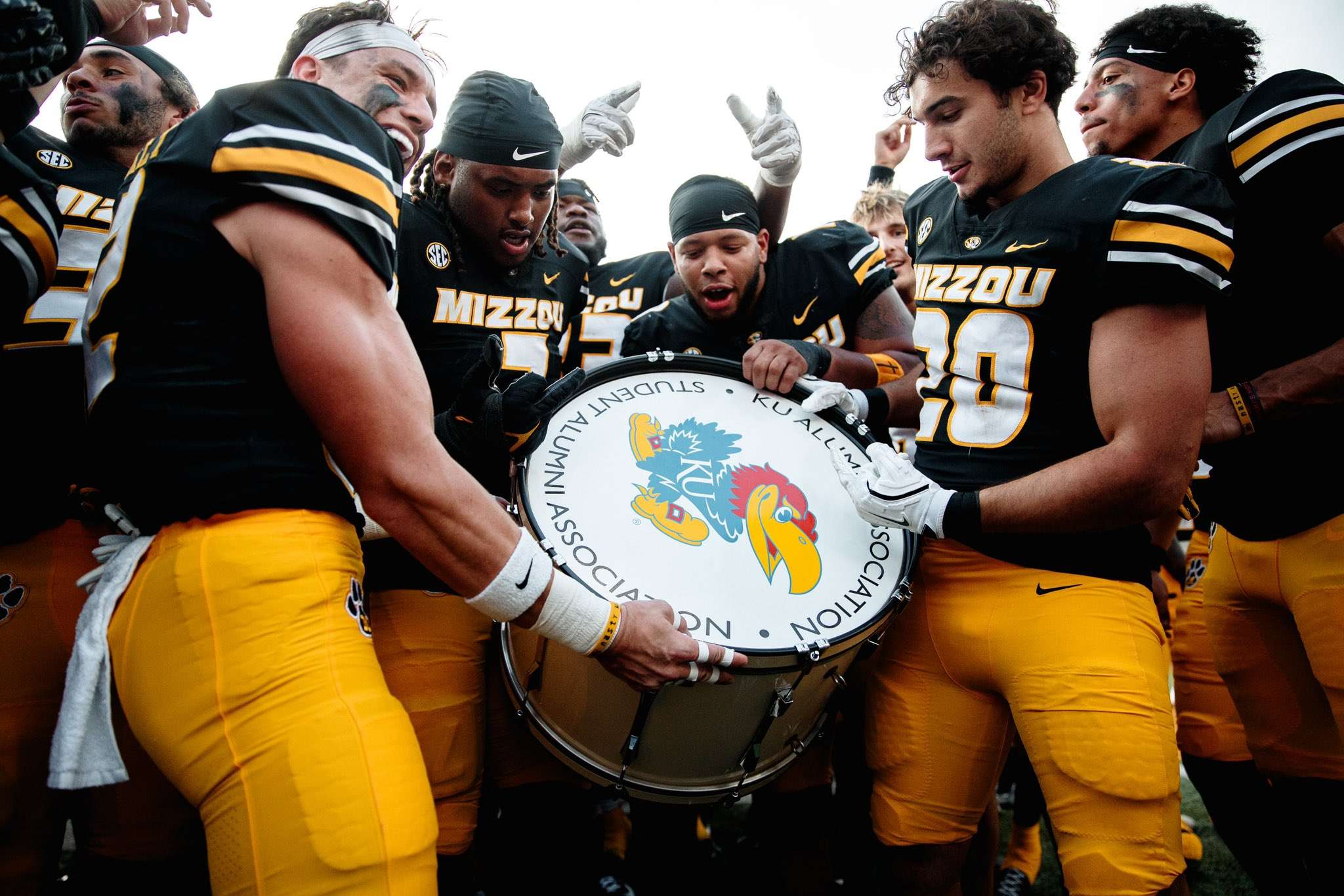 The Missouri Tigers celebrate their 42-31 win the the Border War rivalry over the Kansas Jayhawks banging the drum trophy/ Photo courtesy of Mizzou Football on X