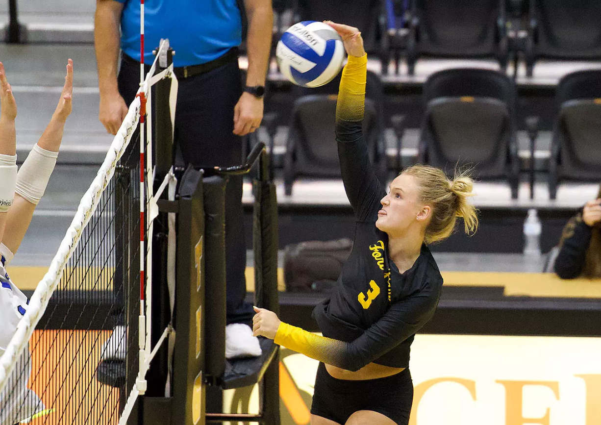 Fort Hays State sophomore rightside hitter Ella Goodwin attempts a kill against Rockhurst on the Tiger Invitational; on Saturday, September 6, 2025 in Hays, Kan. (FHSU Athletics photo/Jordyn Bredenberg)