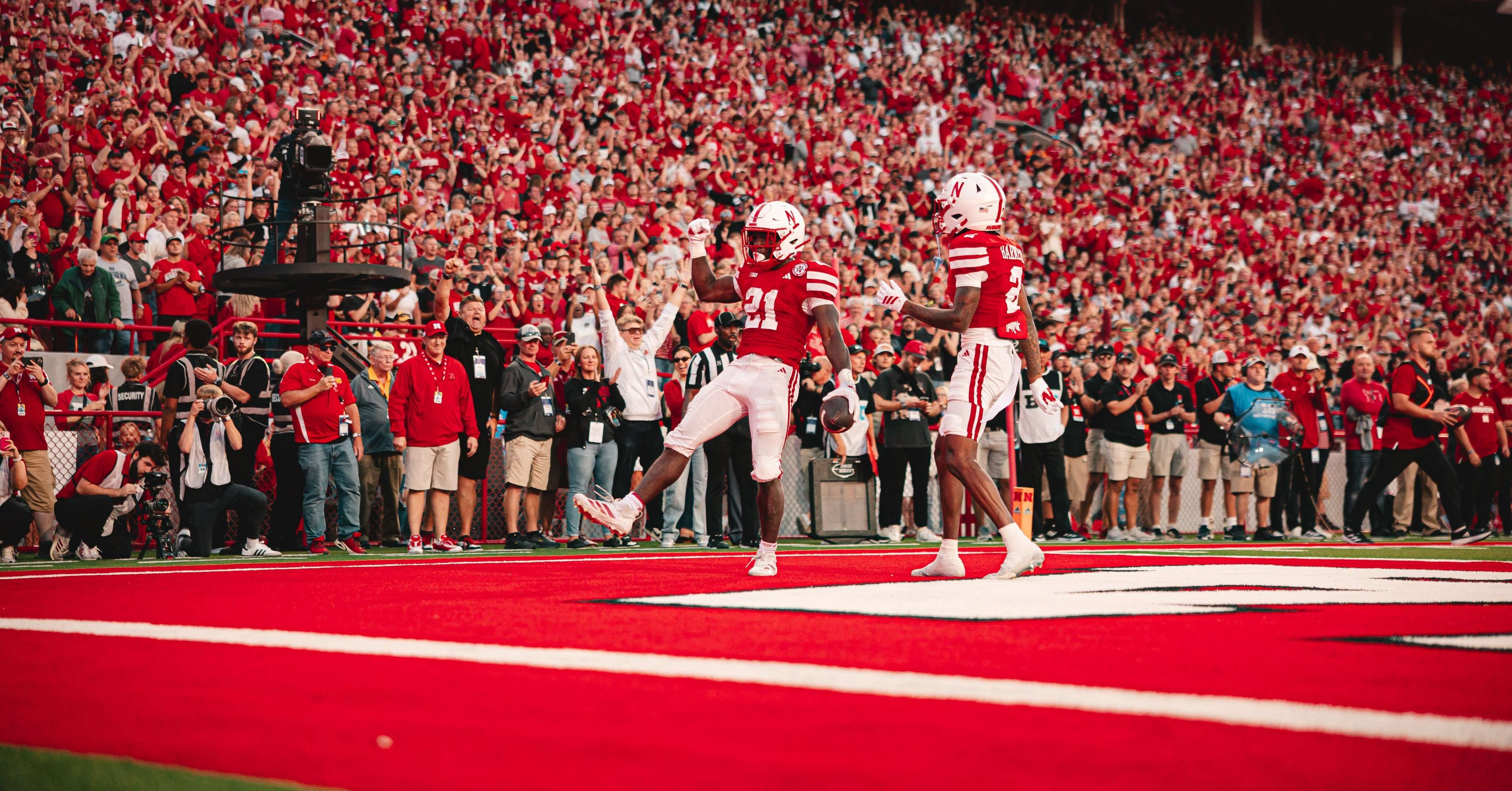 Emmett Johnson (21) scored three touchdowns as Nebraska dominated Akron 68-0/ Photo courtesy of Nebraska Football on X