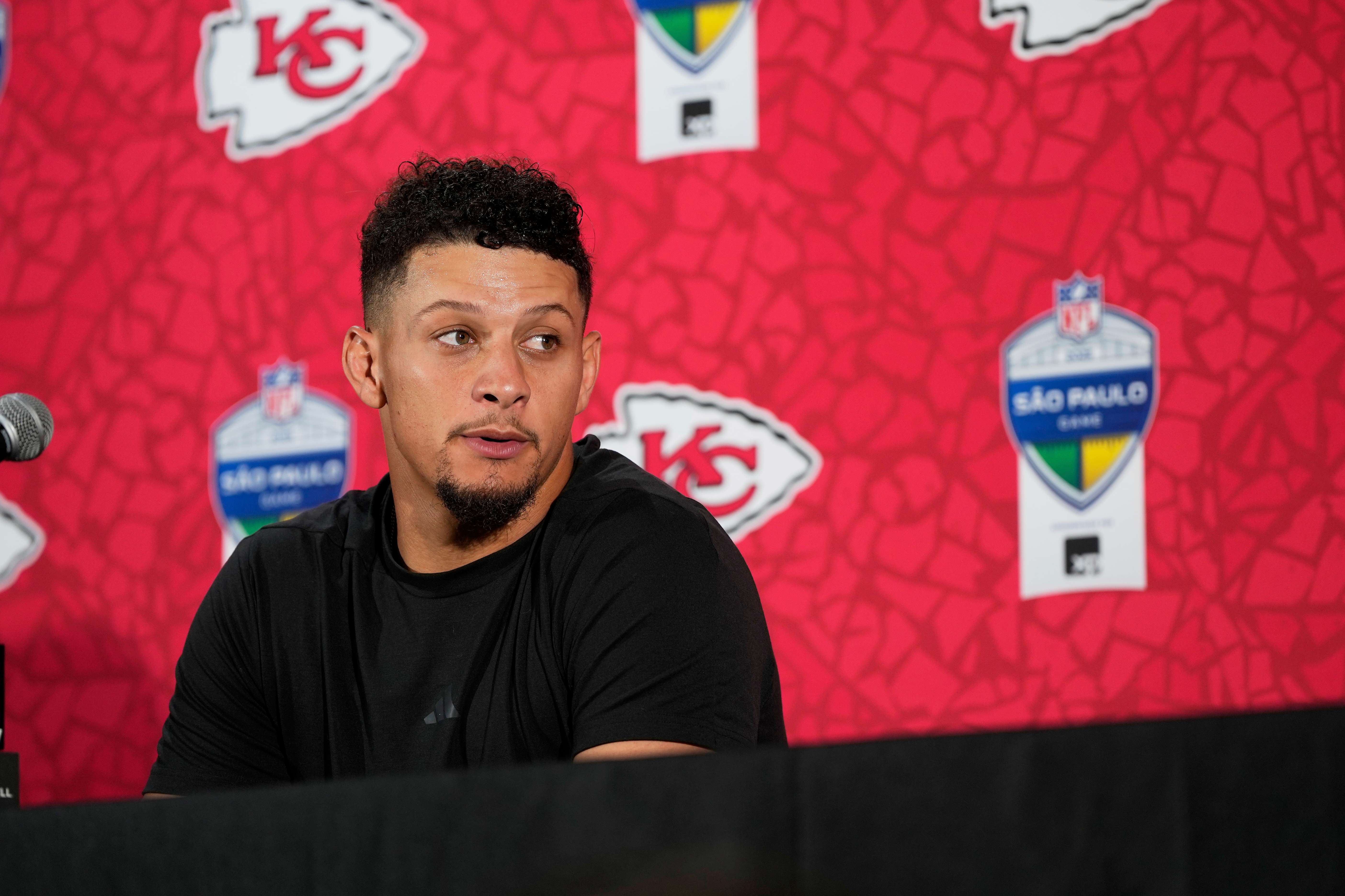 Kansas City Chiefs quarterback Patrick Mahomes speaks during a news conference after an NFL football game between the Kansas City Chiefs and the Los Angeles Chargers, Saturday, Sept. 6, 2025, in Sao Paulo. (AP Photo/Doug Benc)