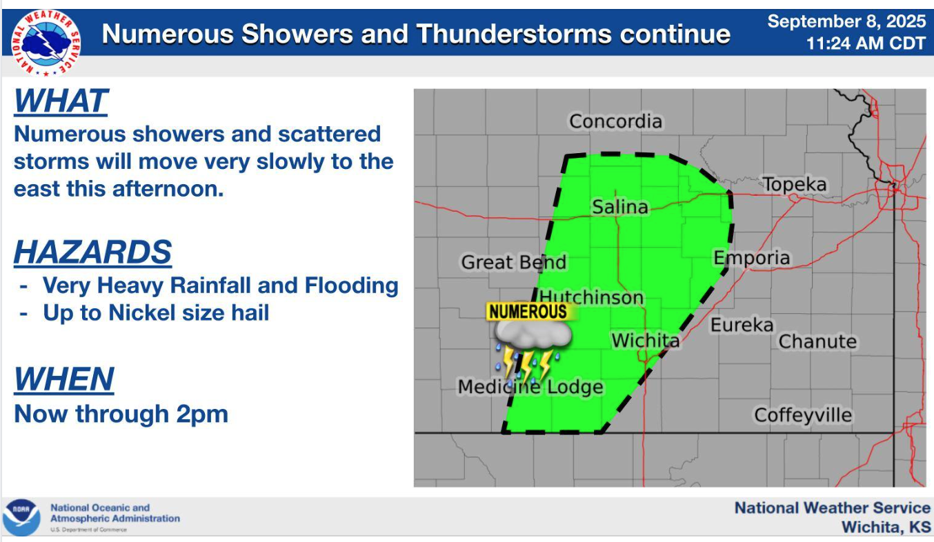 Storms from this morning throughout Central KS are expected occur past noon. Courtesy of US National Weather Service