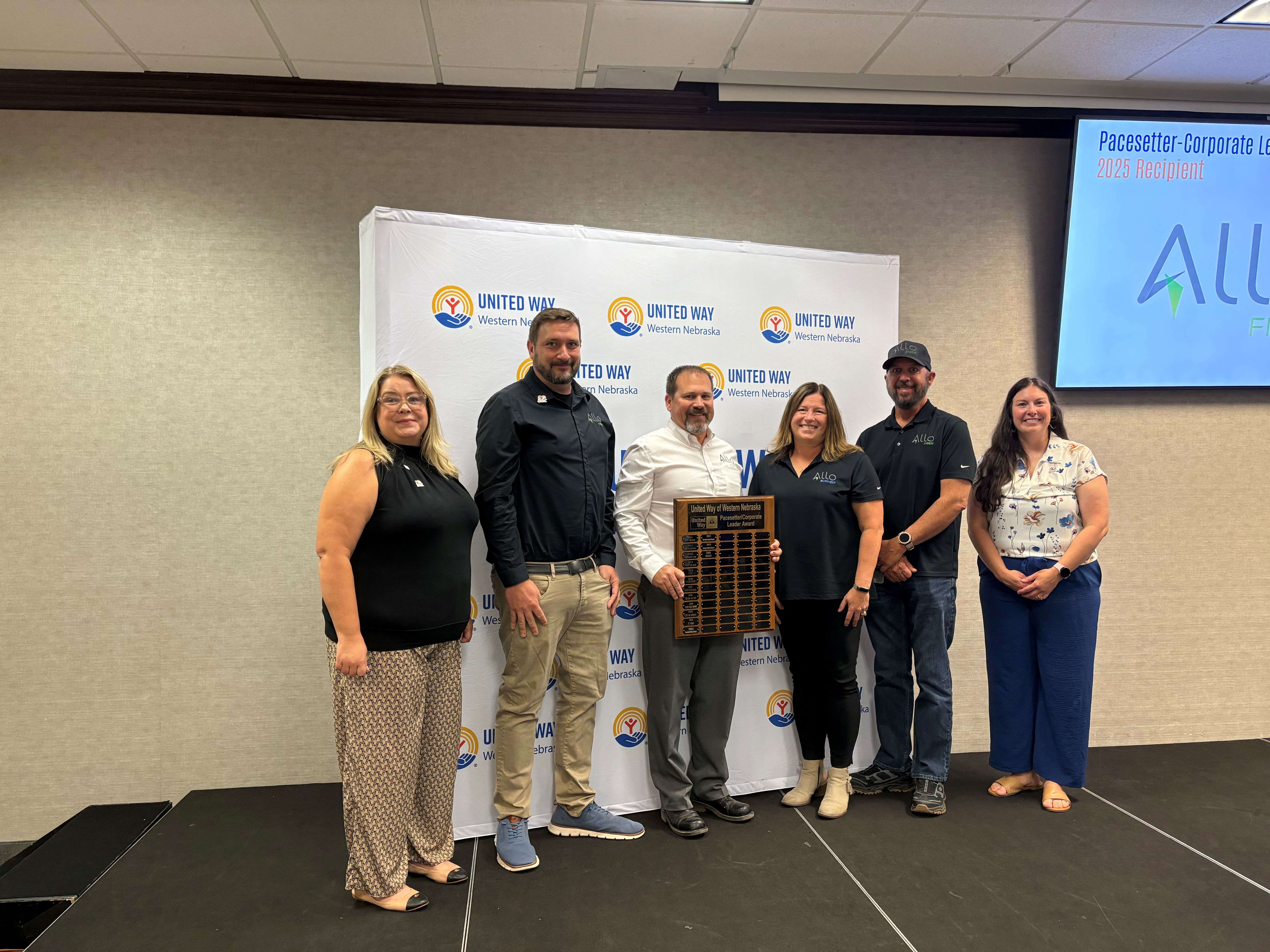 Pictured left to right: Melissa Price, UW Board President & SBPS; Clint Schleicher, ALLO; Tyler Roland, ALLO; Rebecca Shields, ALLO, Craig Emerick ALLO, and Karen Benzel, UW Executive Director.