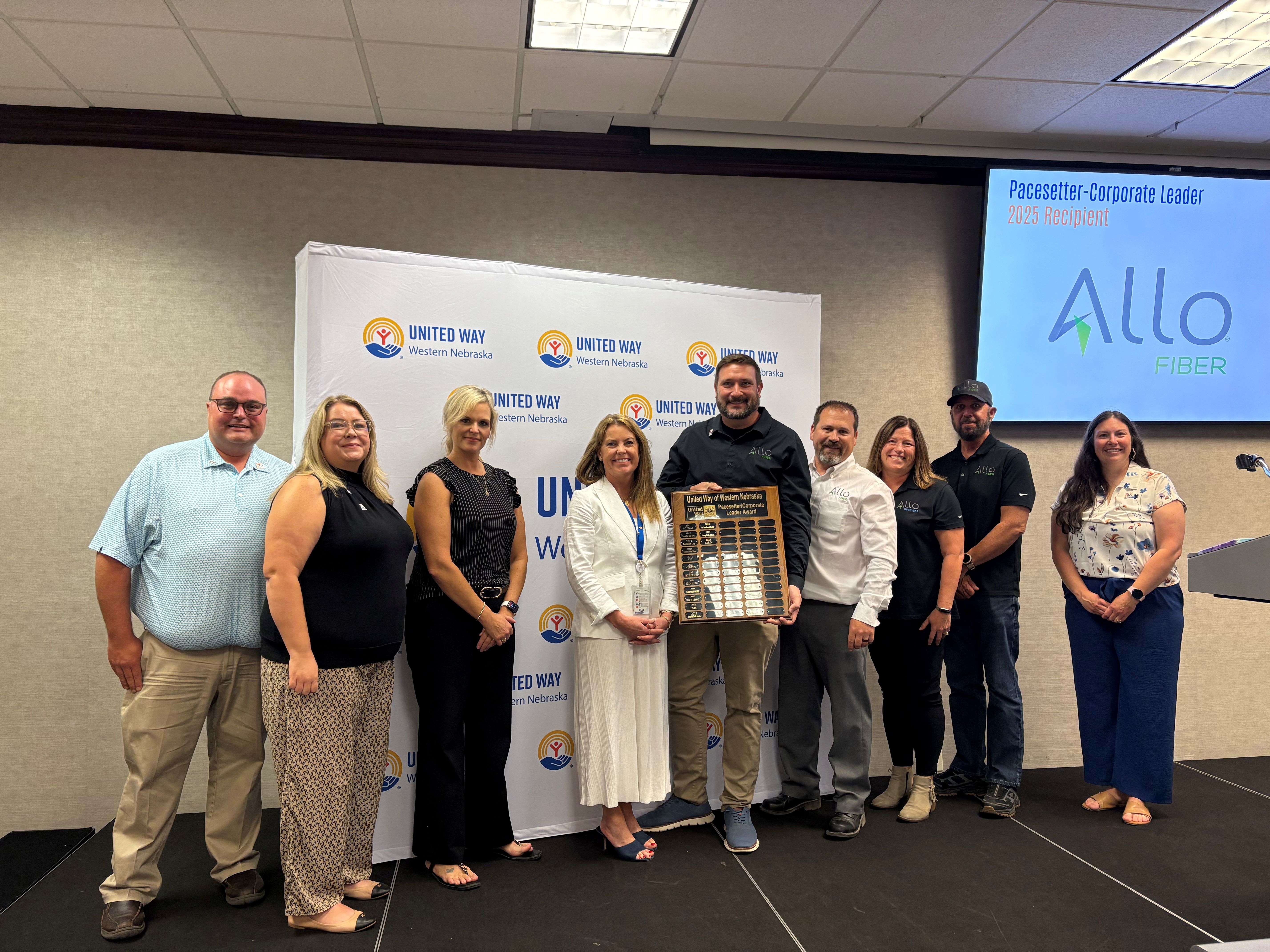 Pictured left to right: Bill Boyer, UW Board Member & Rural Radio; Melissa Price, UW Board President & SBPS; Kory Knight, GPS; Dr. Nicole Regan, GPS; Clint Schleicher, ALLO; Tyler Roland, ALLO; Rebecca Shields, ALLO, Craig Emerick ALLO, and Karen Benzel, UW Executive Director.