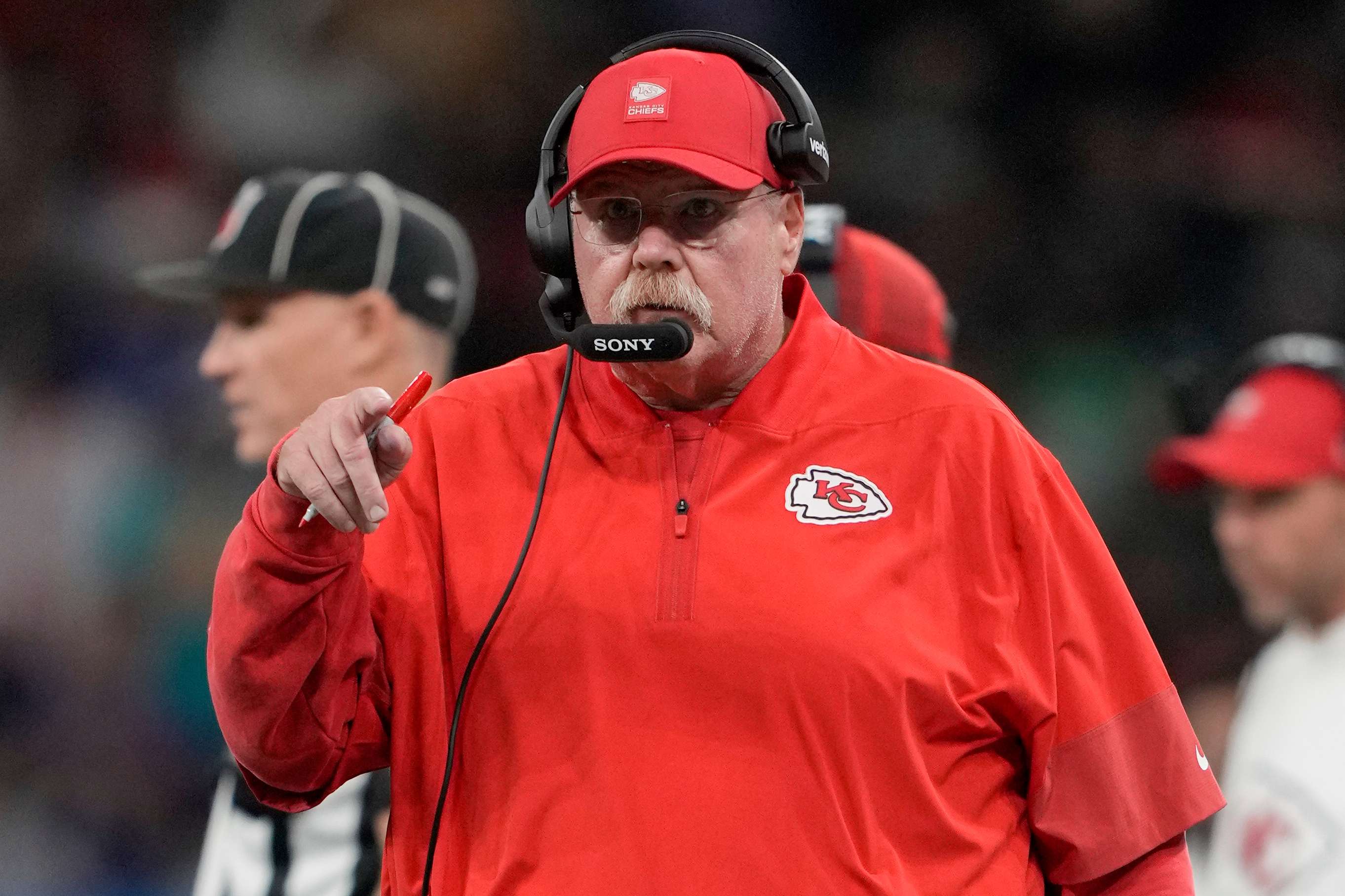 Kansas City Chiefs head coach Andy Reid watches during the first half of an NFL football game against the Los Angeles Chargers, Friday, Sept. 5, 2025, in Sao Paulo. (AP Photo/Doug Benc)