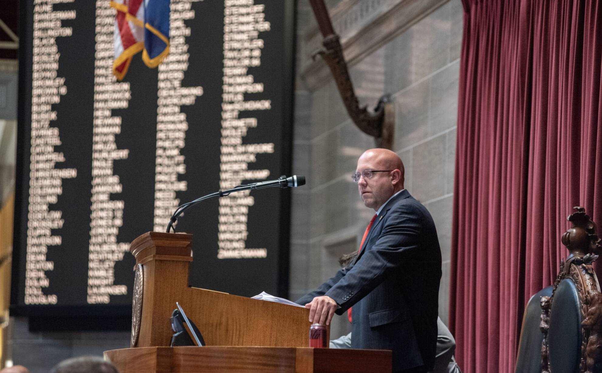 Missouri House Speaker Pro Tem Chad Perkins, R-Bowling Green, stands at the House dais Monday afternoon (Annelise Hanshaw/Missouri Independent).