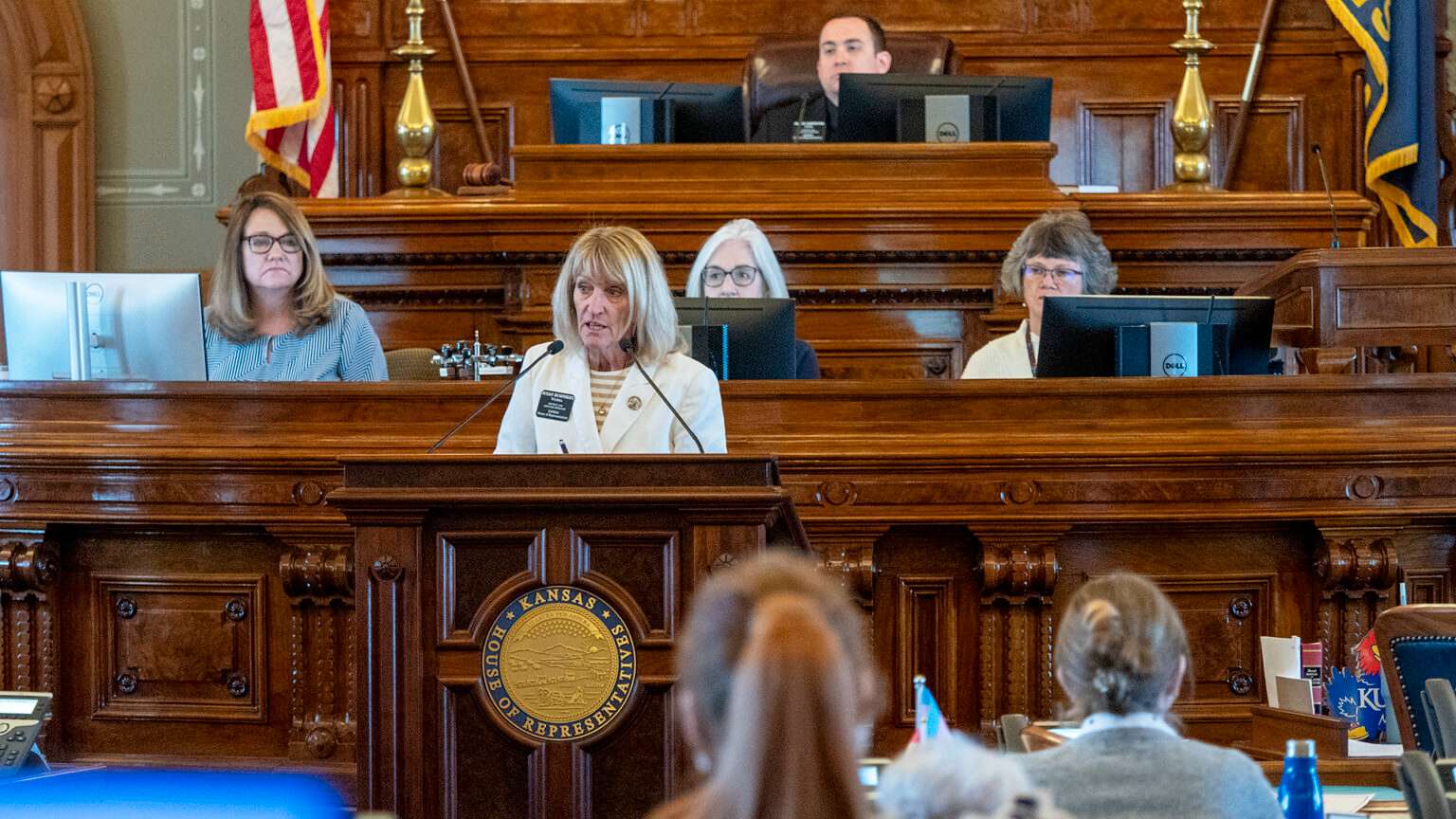 Rep. Susan Humphries, a Wichita Republican, urged her House colleagues on April 10, 2025, to override Democratic Gov. Laura Kelly’s veto of a bill offering pregnant mothers child support from the date of conception. (Sherman Smith/Kansas Reflector)