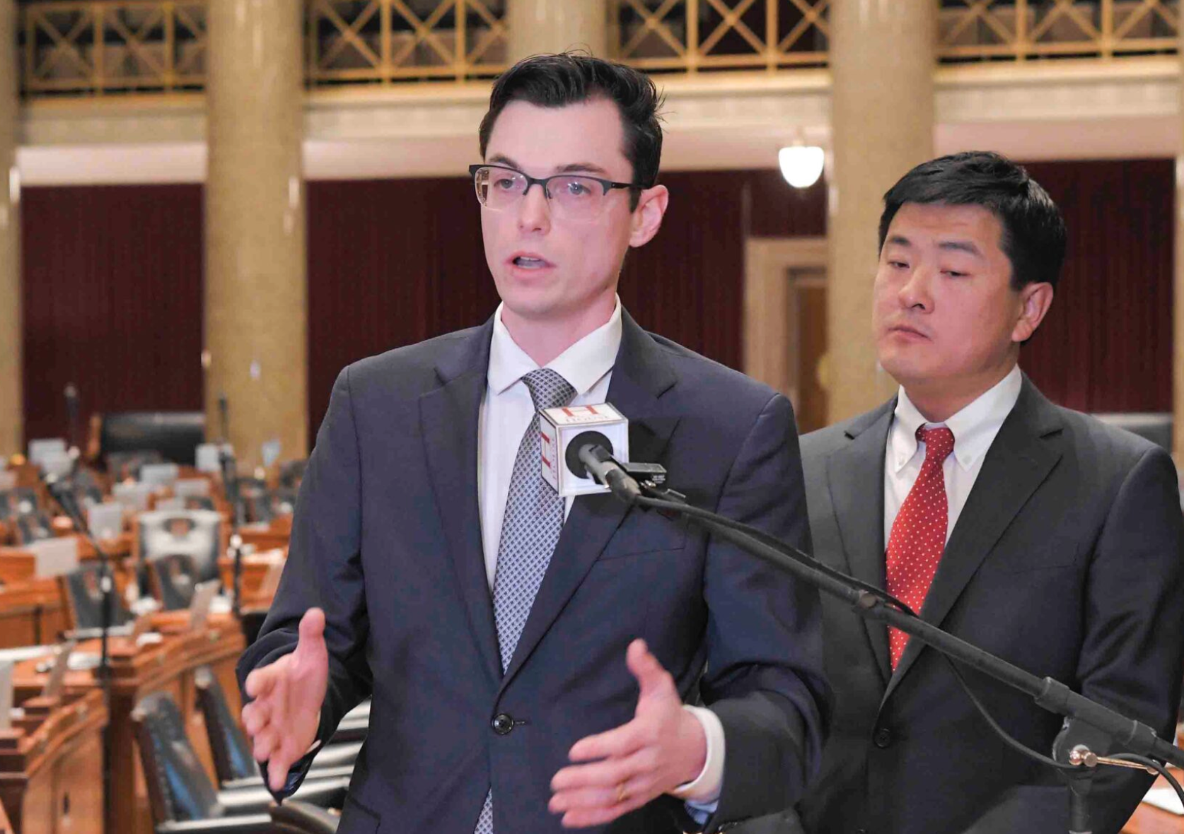 State Rep. Dirk Deaton, a Republican from Noel, speaks during a Jan. 30 news conference with House Speaker Jon Patterson. Deaton is sponsoring the new congressional district map being debated in a special session. (Tim Bommel/Missouri House Communications)