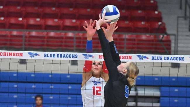 Atlyn Proctor had 16 kills, including five kills and a block in a key 9-2 first-set surge as the Blue Dragons defeated Pratt 3-0 on Monday at Pratt. (Andrew Carpenter/Digital Fox Photography)