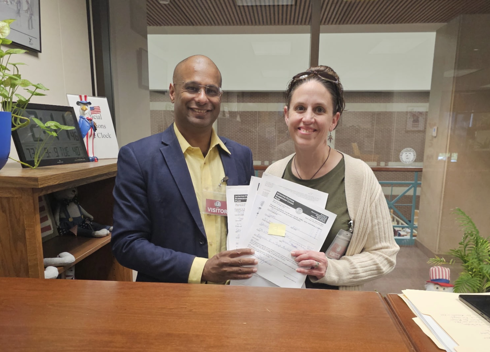 Hemp lobbyist Eapen Thampy and Deb Nash of Canna Answers filed four initiative petitions on hemp and marijuana regulations on Tuesday with the Missouri Secretary of State’s Office in Jefferson City (photo submitted).