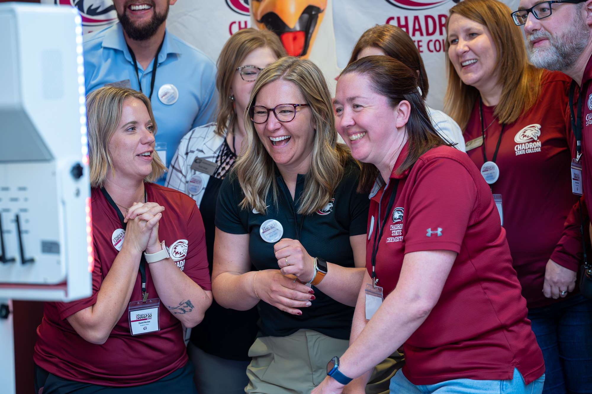 Key organizers of the Eagle Success Summit use the photobooth after the Eagle Success Summit in the Student Center Ballroom, Aug. 29, 2025. (Photo by Sydney Brown/Chadron State College)