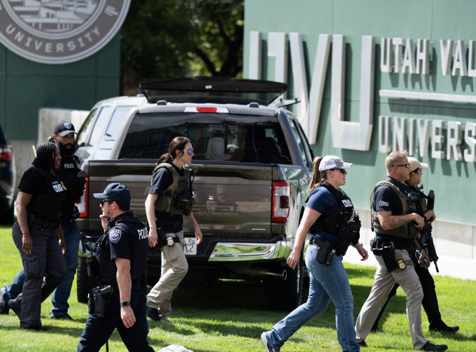 Police respond to the scene of the fatal shooting of Charlie Kirk, who was speaking during an event at Utah Valley University in Orem on Wednesday, Sept. 10, 2025. (Photo by Spenser Heaps for Utah News Dispatch)