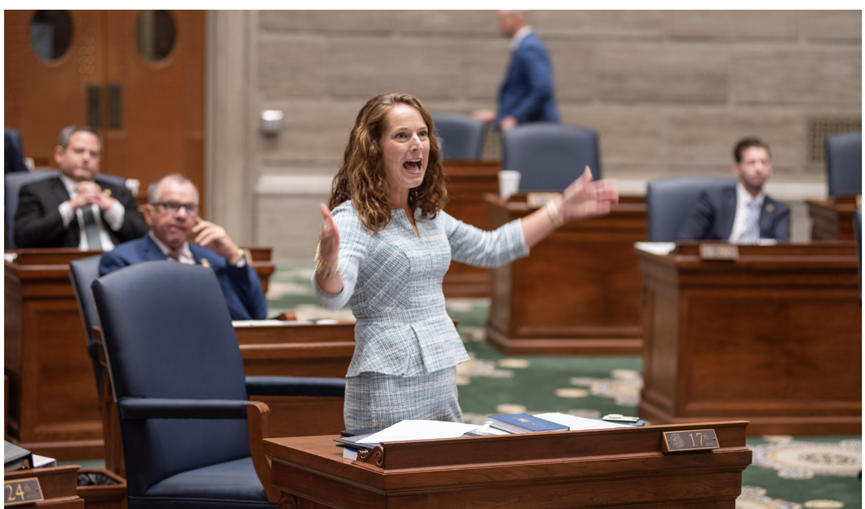 State Sen. Maggie Nurrenbern, D-Kansas City, compares the State Senate to the House, remarking about the lack of debate allowed (Annelise Hanshaw/Missouri Independent).