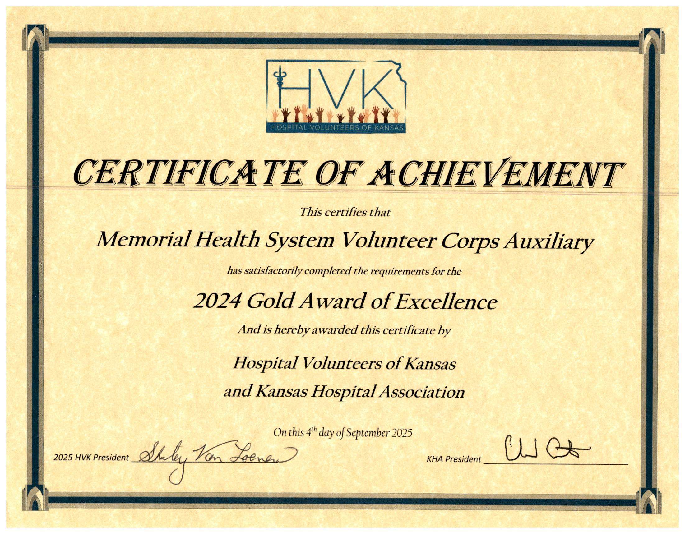 Memorial Health System Volunteer Corps Receives 31st Gold Award of Excellence. Courtesy of Memorial Health System