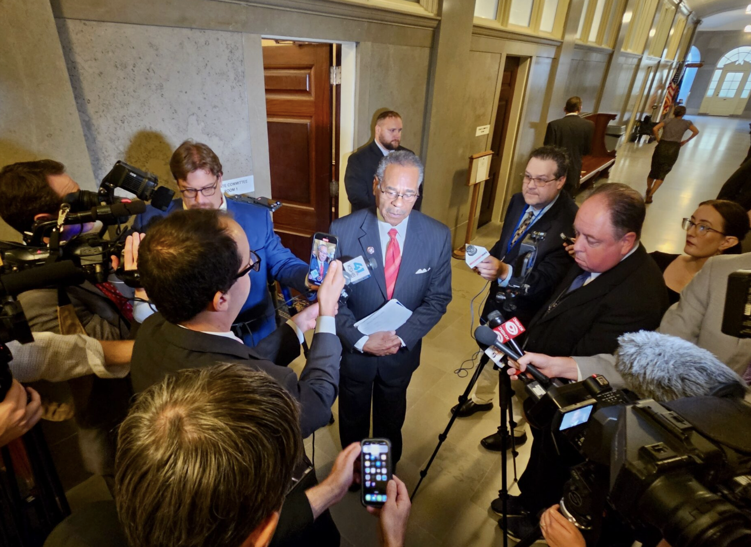 U.S. Rep. Emanuel Cleaver, D-Kansas City, speaks to reporters Thursday after testifying against a redistricting plan that would gerrymander his district in favor of Republicans (Rudi Keller/Missouri Independent).