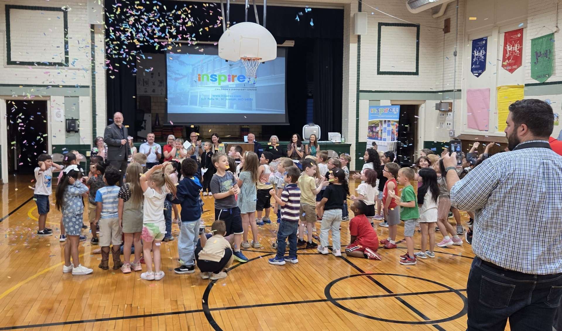 Students at Lindbergh Elementary celebrate after the announcement that kindergarteners throughout the St. Joseph School District will get free admission to the InspireU Children's Discovery Center for a full year./ Photo by Matt Pike