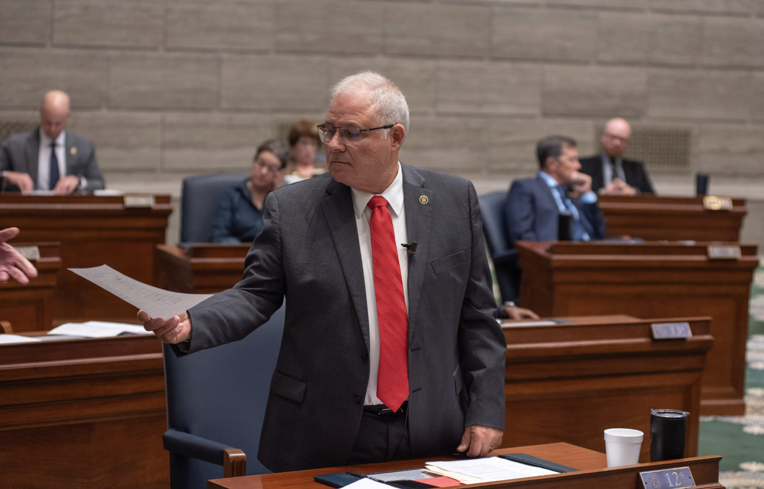 State Sen. Rusty Black, R-Chillicothe, presents a motion to force a vote on a gerrymandered map of the state’s congressional districts Friday on the Senate floor (Annelise Hanshaw/Missouri Independent).