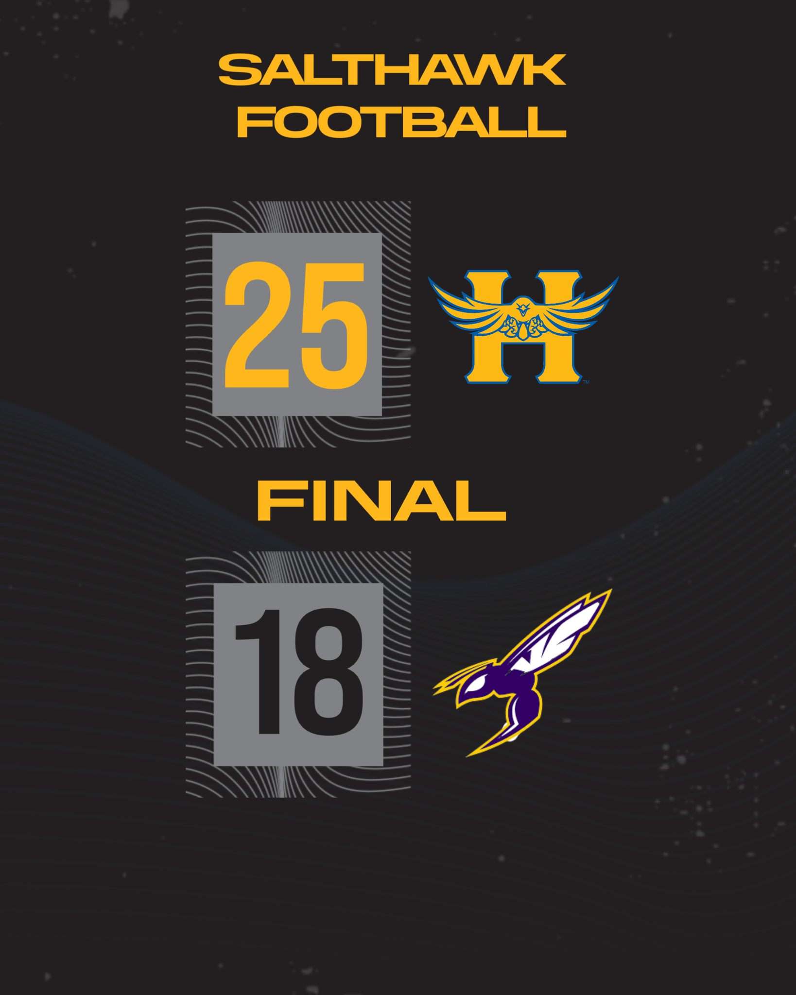 Fnal - Hutch High 25-Valley Center 18. Tramel Walker goes 4 for 5 including 2 touchdowns to hold off the Hornets. Salthawksare now 2-0.