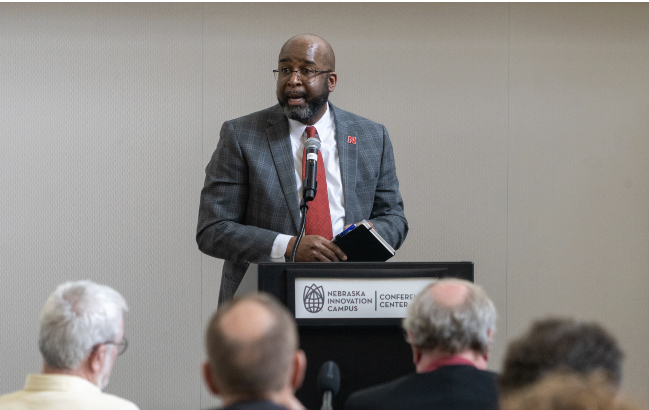 University of Nebraska-Lincoln Chancellor Rodney Bennett speaks to Nebraska lawmakers on his campus. Dec. 7, 2023. (Zach Wendling/Nebraska Examiner)