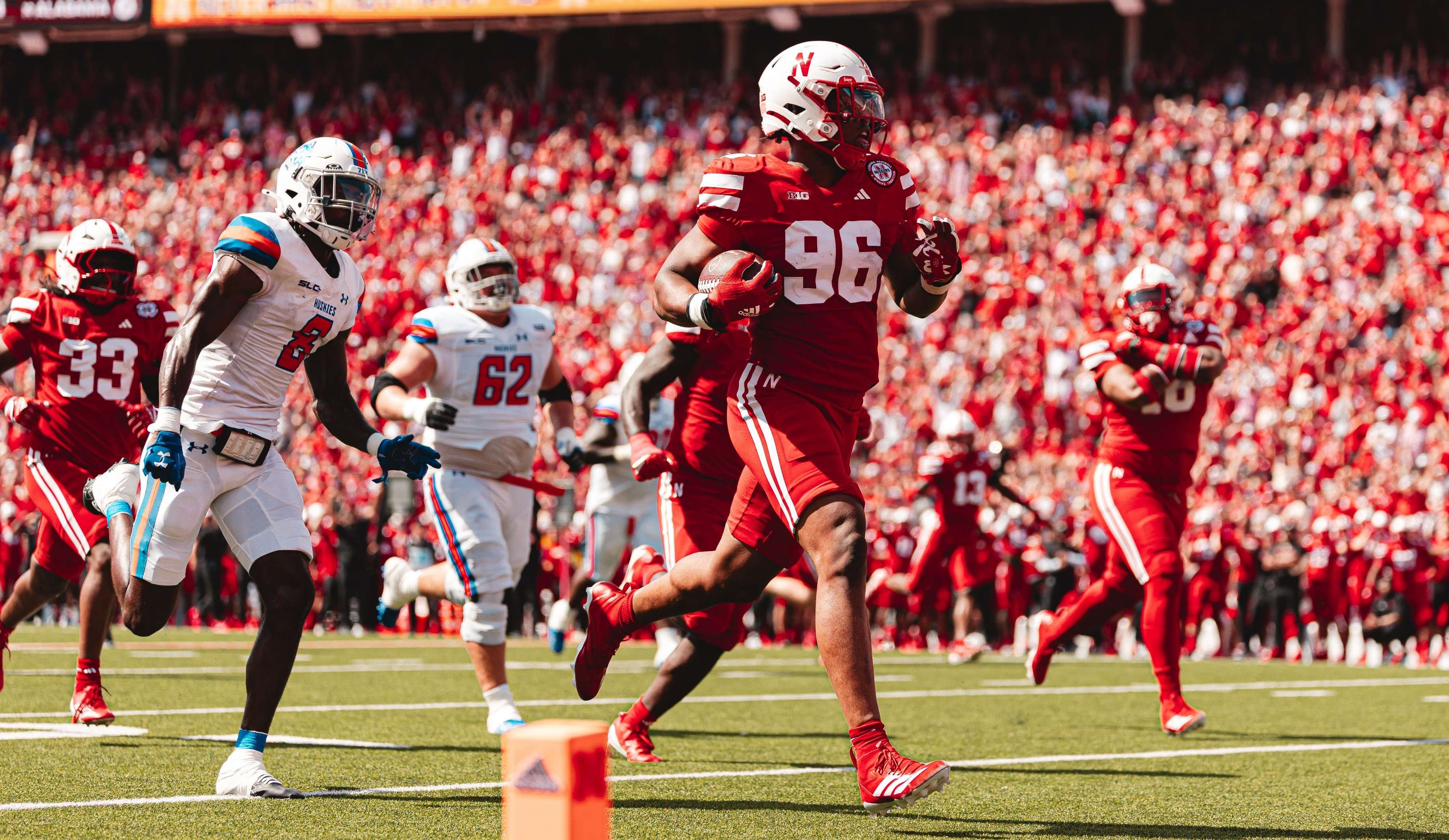 Former Missouri Tiger and Lees Summit North graduate William Nwaneri returns a fumble for a touchdown, the first defensive touchdown fumble return touchdown since 2020 for Nebraska, during a 59-7 rout of Houston Christian/ Photo courtesy of Nebraska Football on X