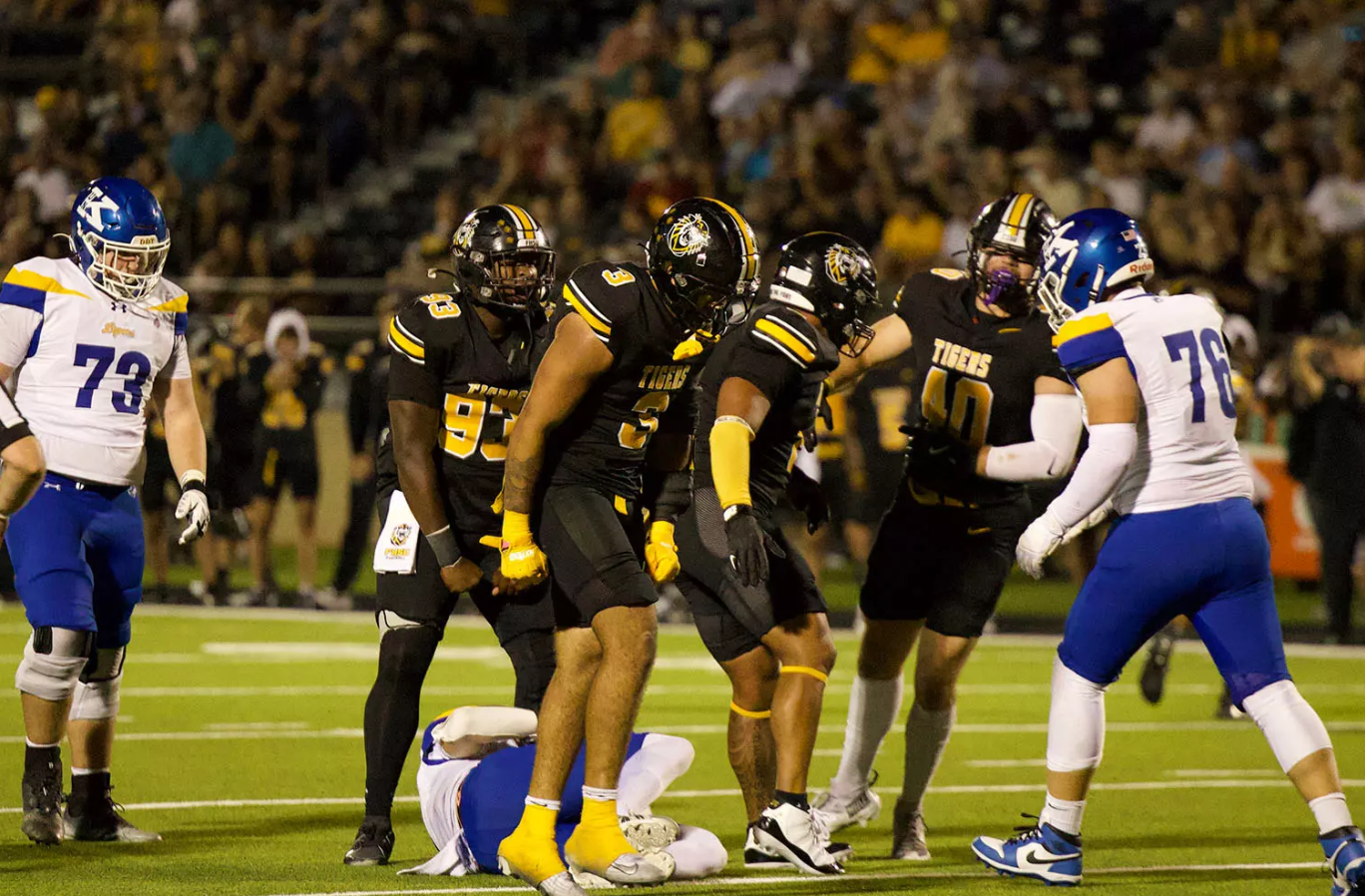 Fort Hays State linebacker John Johnson (3) celebrates after a quarterback sack against Nebraska-Kearney on Saturday, September 13, 2025 in Hays, Kan. (FHSU Athletics photo/Jordyn Bredenberg)