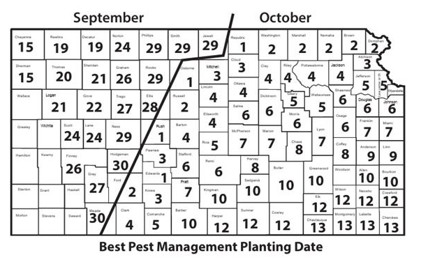 These dates were established several years ago. Although fields may still be infested with Hessian fly when planted after these dates if the weather is mild, later planting dates generally reduce problems from Hessian fly, aphids, wheat curl mites, and many diseases.