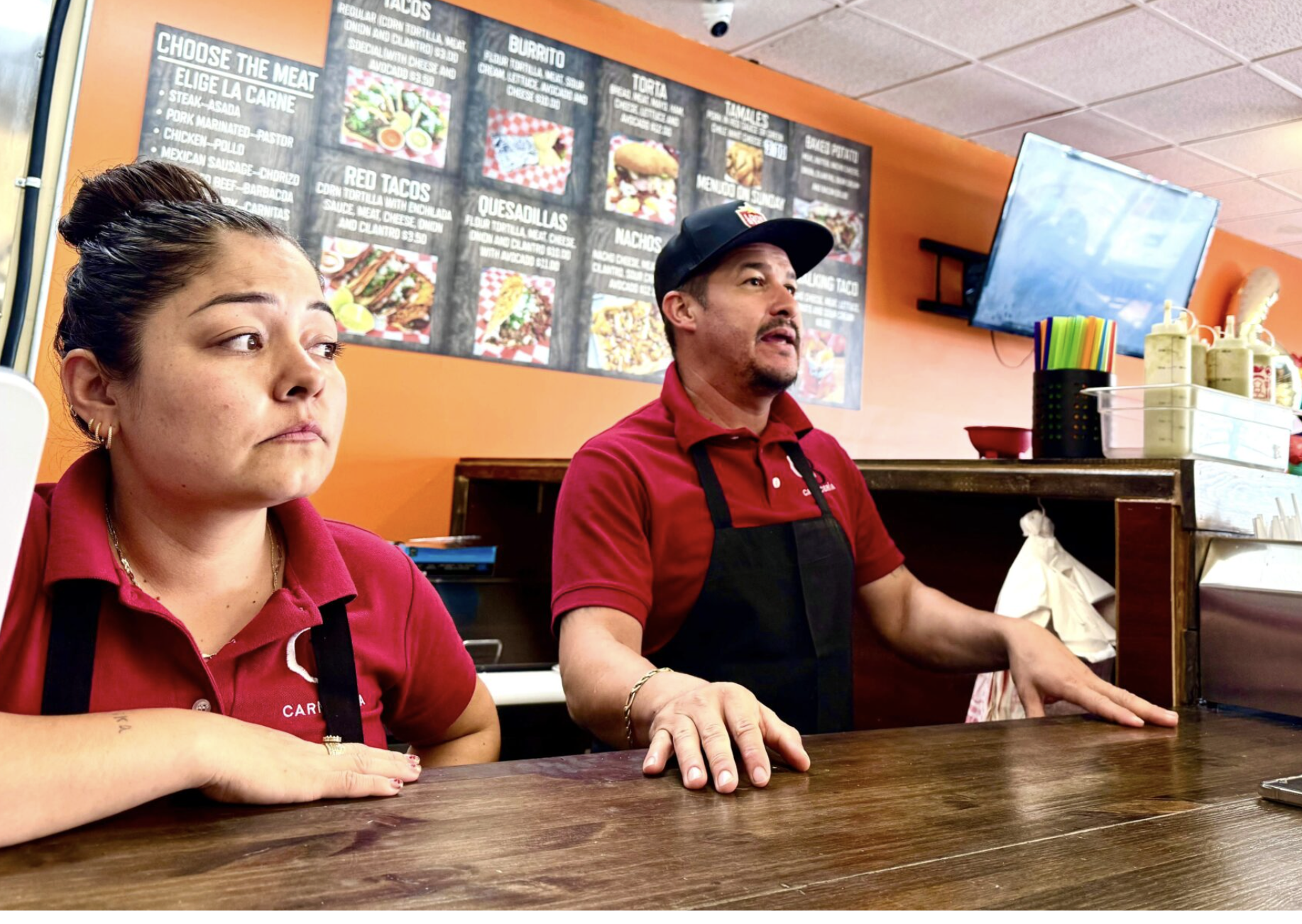 Miguel and Mayra Camacho, owners of Carniceria mini market and restaurant in McCook, Nebraska, say business has declined sharply in the past month since Gov. Jim Pillen announced that the Work Ethic Camp in town will be converted to an ICE facility under a contract with the Department of Homeland Security. (Cindy Gonzalez/Nebraska Examiner)