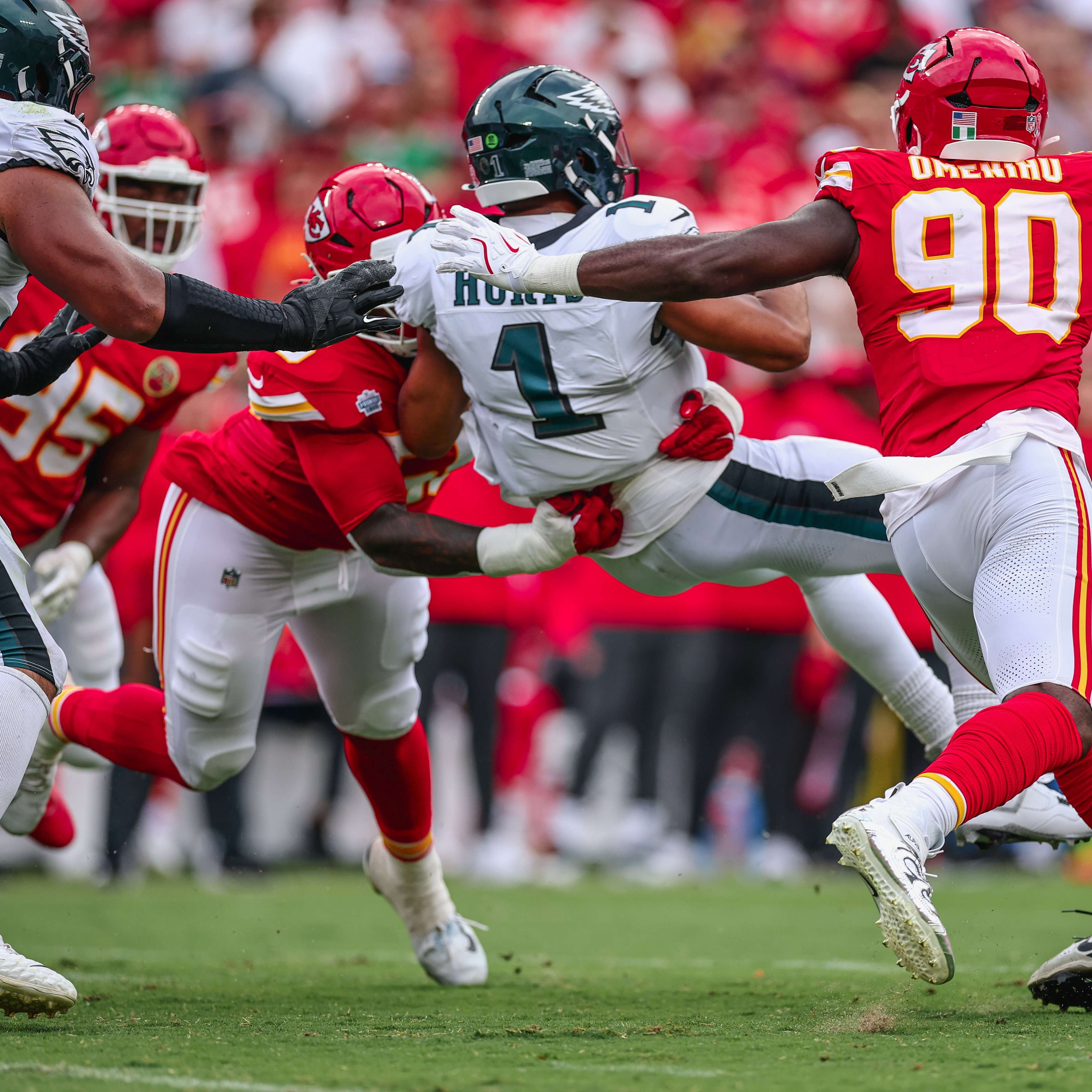Kansas City Chiefs rookie defensive lineman Omarr Norman-Lott sacks Jalen Hurts during the Chiefs 20-17 loss to the Philadelphia Eagles/ Photo courtesy of the Chiefs on X
