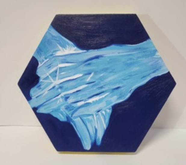 Chadron State College student Angelyse Perez's painting of two hands clasped with strokes of whites, pinks, and gold between the fingers was published in Aug. 2025 in Vol. 4. This is a photo of the project in progress, and not a finished image. (Courtesy image, used with permission)