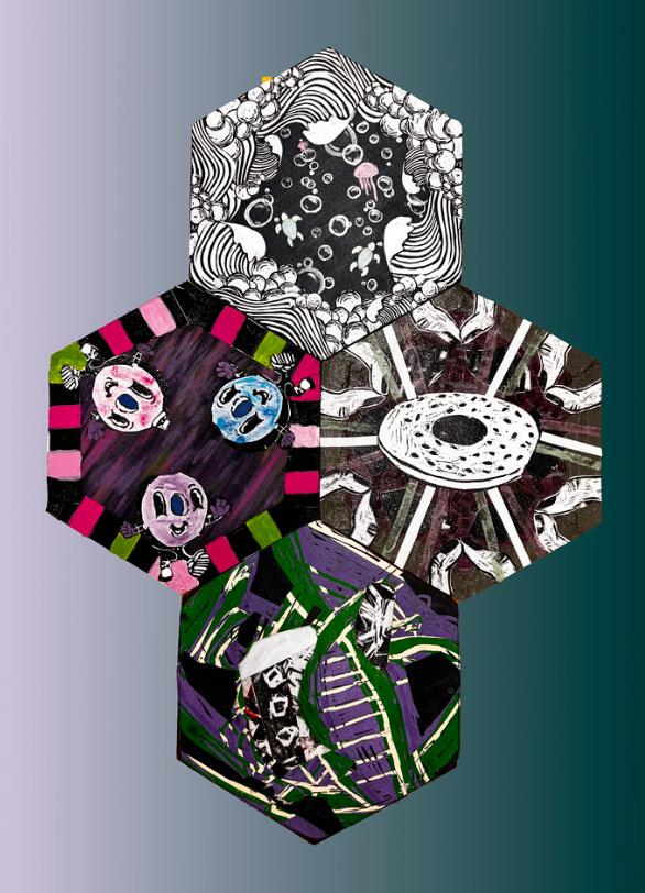 The top hexagon is painted by Chadron State College student Tyra O'Connor. It will be published in Aug. 2025 in Vol. 4. It is a collage constructed to appear like a window on the ocean, with swirling waves and sea creatures. (Courtesy image, used with permission)