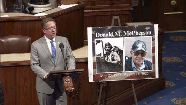 The legacies of our selfless military heroes, like Donald McPherson of Adams, Nebraska, must be celebrated and protected for future generations to understand the true cost of freedom. On the House floor, I honored the life, service, and passing of America’s last WWII Ace fighter pilot. To watch these remarks, <a href="https://iqconnect.house.gov/iqextranet/iqClickTrk.aspx?&cid=NE03AS&crop=16643.182186133.19936282.102931&report_id=&redirect=https%3a%2f%2fx.com%2fRepAdrianSmith%2fstatus%2f1965504821097828513&redir_log=812447022207331" target="_blank">Click Here</a>. 