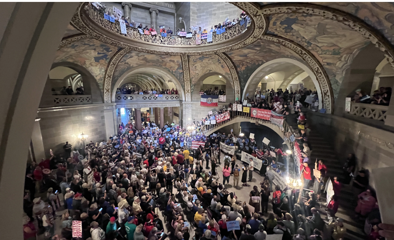 Protesters gather in the Missouri Capitol rotunda in opposition to a proposed congressional district map that passed the House (Annelise Hanshaw/Missouri Independent).