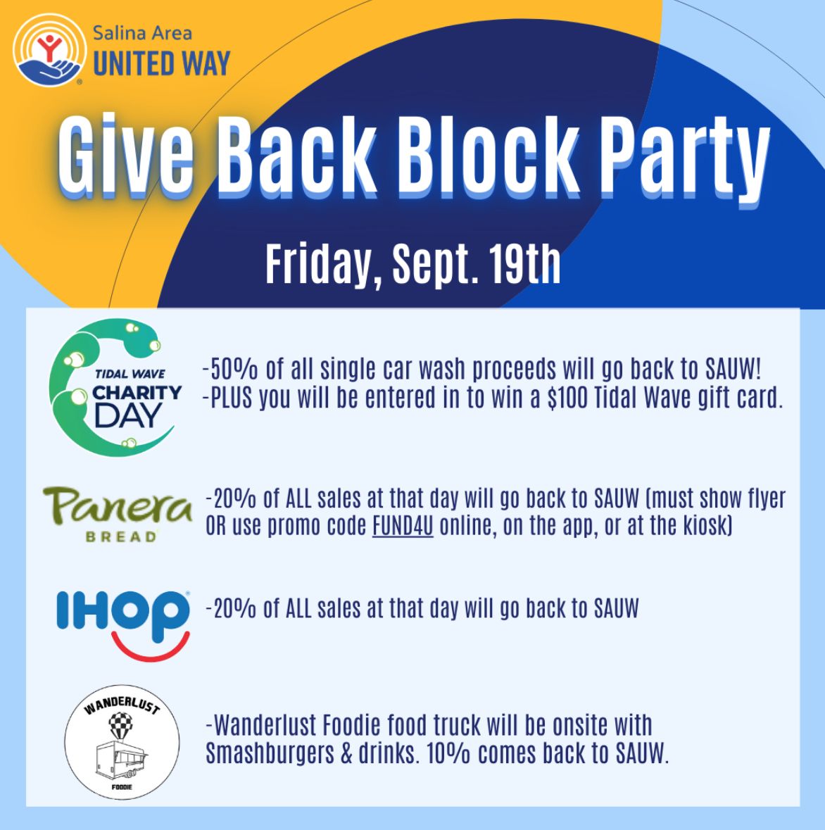 The "Give Back Block Party" from <b>8:00 am to 8:00 pm</b> at <b>Tidal Wave Auto Spa (2351 S. 9th St.).</b> Courtesy of Salina Area United Way