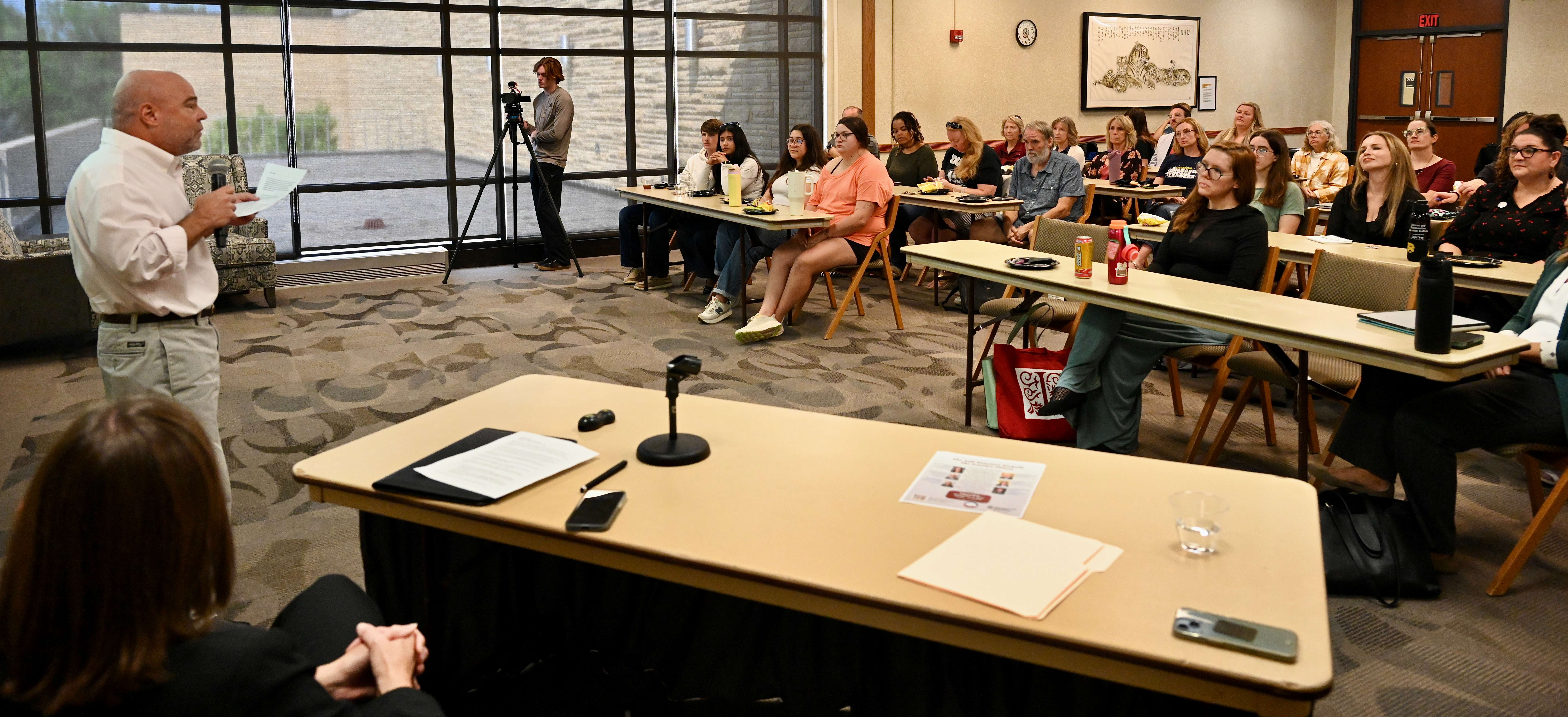 Co-director Dr. Darrell Hamlin discusses the importance of creativity at Fort Hays State University's American Democracy Project's first fall 2025 event. Photo by Rory Moore/FHSU University Relations