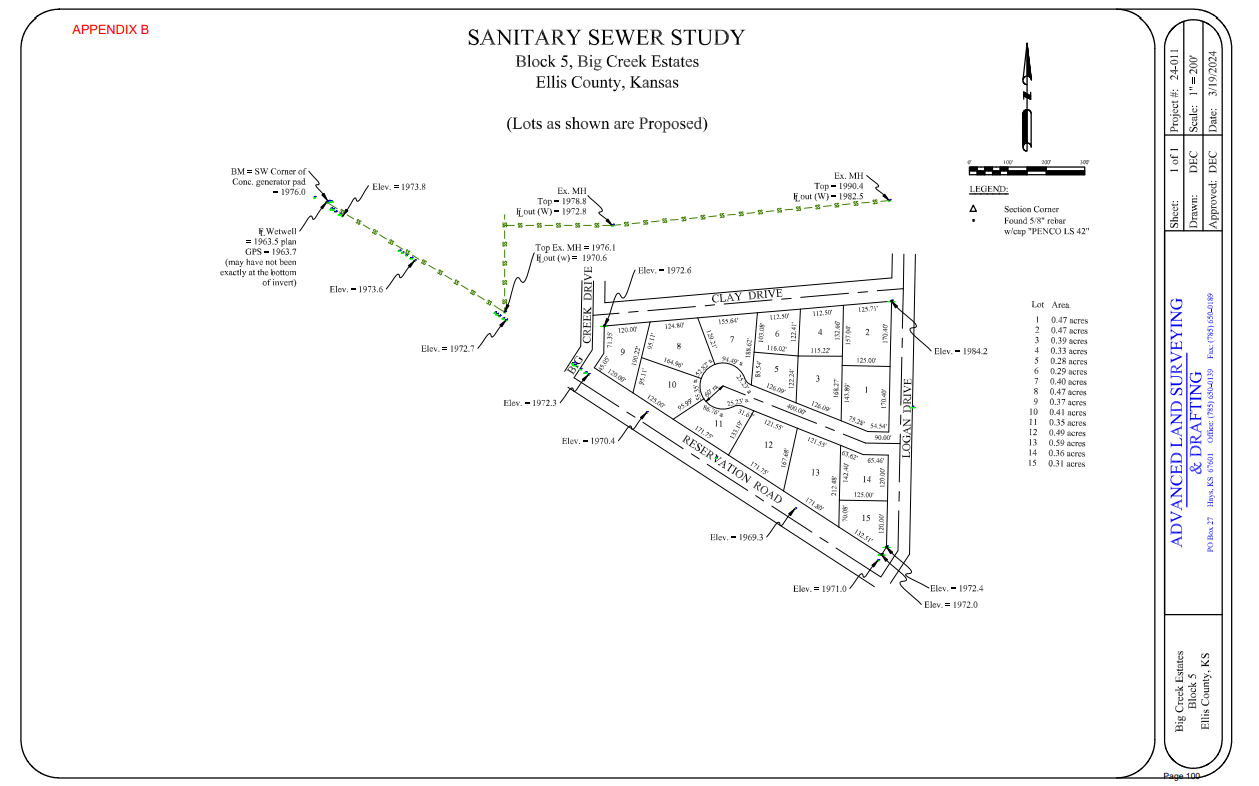 Sanitary sewer study of Big Creek Estates that provides a layout of lots