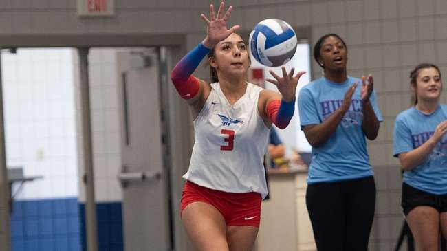 Lauren Vazquez posted her first career double-double with 13 kills and 16 digs in the Blue Dragon Volleyball team's 3-1 KJCCC win at Cloud County on Wednesday (Steve Carpenter/Blue Dragon Sports Information)